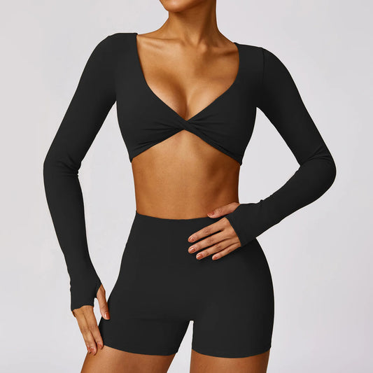 Women's 2PCS Yoga Set - Long Sleeve Crop Top & High-Waist Shorts