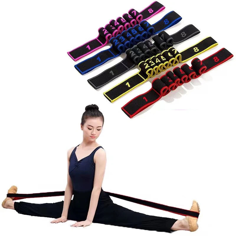 8-section style dance yoga stretching belt, designed for enhanced flexibility and muscle tension relief during yoga, Pilates, and fitness routines. This elastic tension belt offers adjustable resistance, helping improve stretching, mobility, and strength. Ideal for deepening stretches and promoting better posture, it’s perfect for athletes and fitness enthusiasts looking to increase their flexibility and enhance their workout performance.