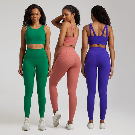 Women's Buttery Soft Yoga Set - Crop Top Bra & High-Waist Leggings with Pockets