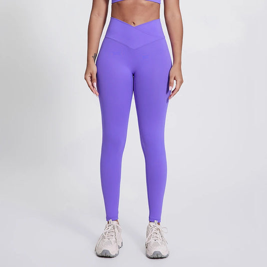 Women's No Front Seam Cross Waist Yoga Leggings - High Elastic Fitness Tights