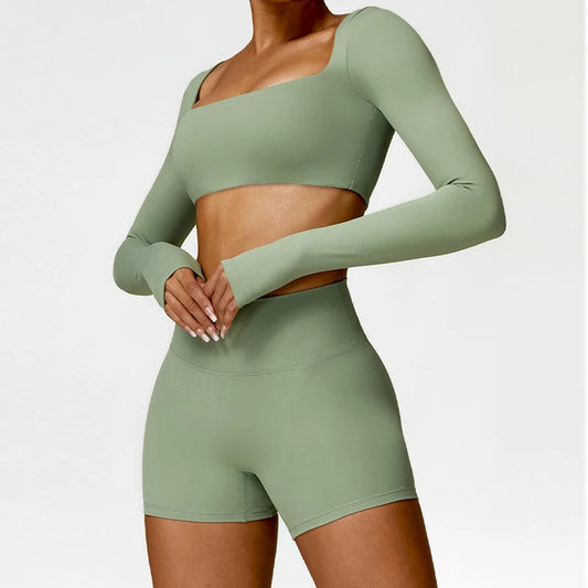 2PCS Yoga Suit Sports Set - Quick-Drying Long Sleeve Crop Top & High Waist Scrunch Shorts