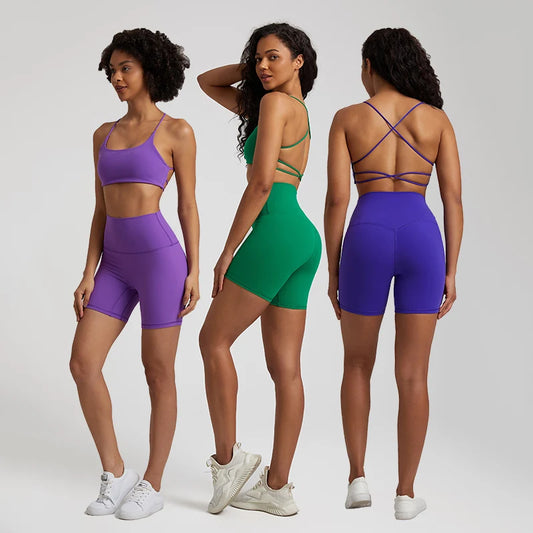 High-stretch yoga set for women, featuring a sexy backless sport bra and matching summer shorts. This sleeveless tracksuit is perfect for workouts, gym sessions, and activewear, offering a flattering fit, breathable comfort, and stylish support for all your fitness needs.