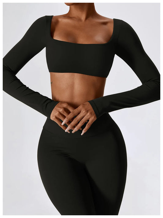 2PCS Yoga Set - Seamless Long Sleeve Crop Top & High-Waist Leggings