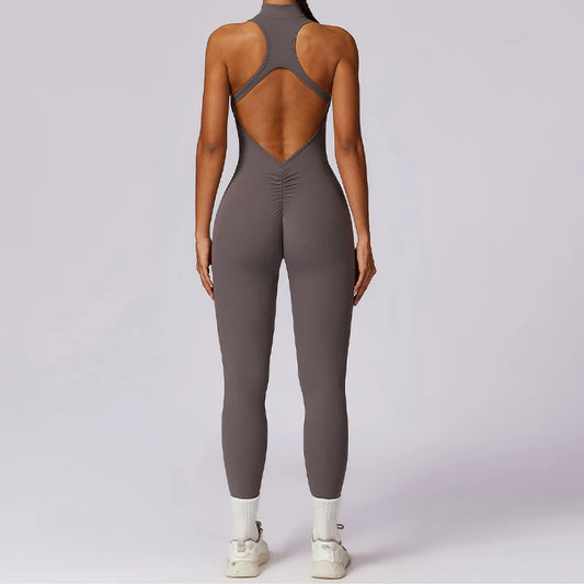 V Back Zipper One-Piece Sports Jumpsuit for Women