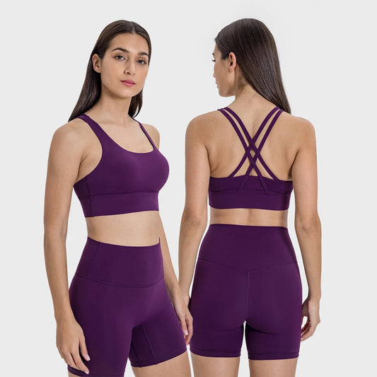 Stretch Nylon Gym Set - Cross Back Sports Bra & High-Waist Yoga Shorts